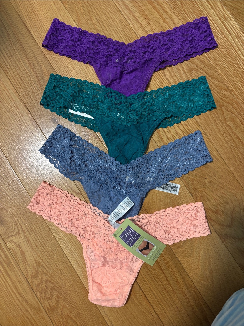 Hanky Panky Lace Thong Panties - Peach, Blue, Teal & Purple - Women's Intimates
